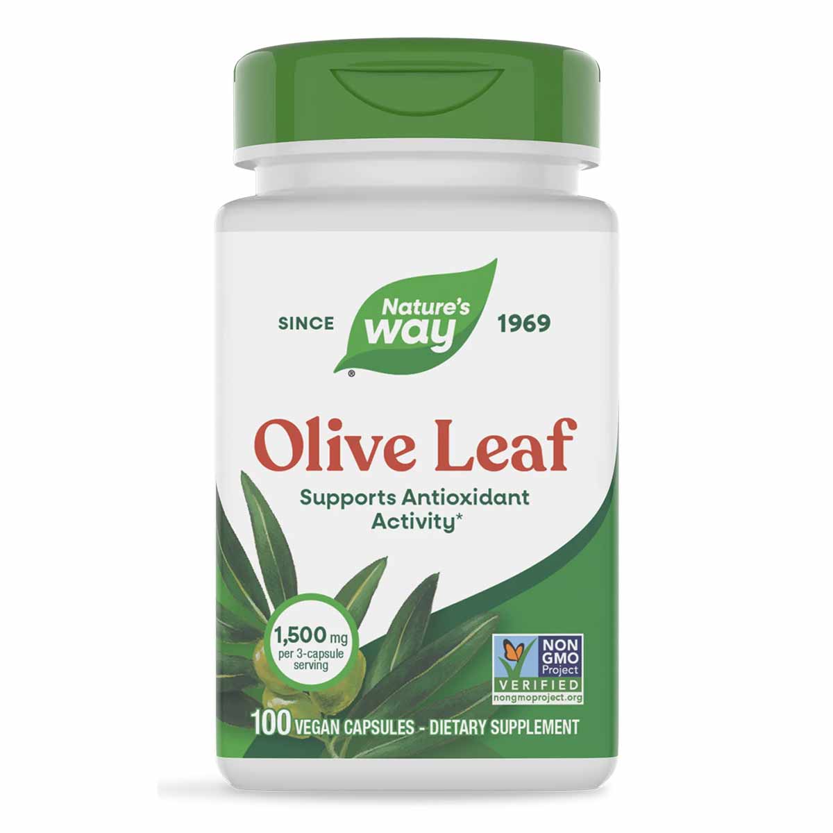 Nature's Way Olive Leaf 1500 mg supplement bottle with green cap and white label, containing 100 vegan capsules.