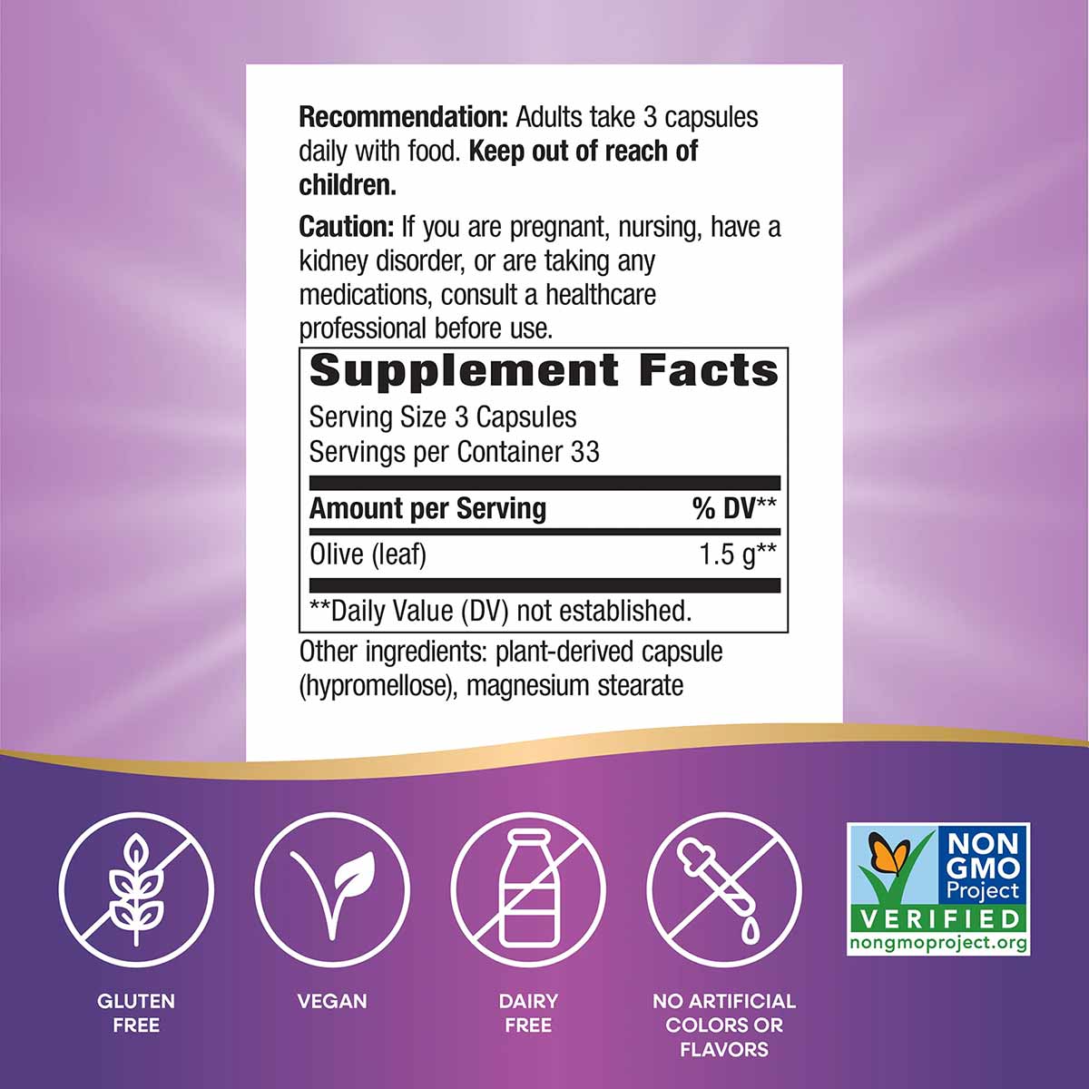 Supplement Facts label for Olive Leaf 1500 Mg capsules with gluten-free, vegan, dairy-free, and Non-GMO Project Verified cert