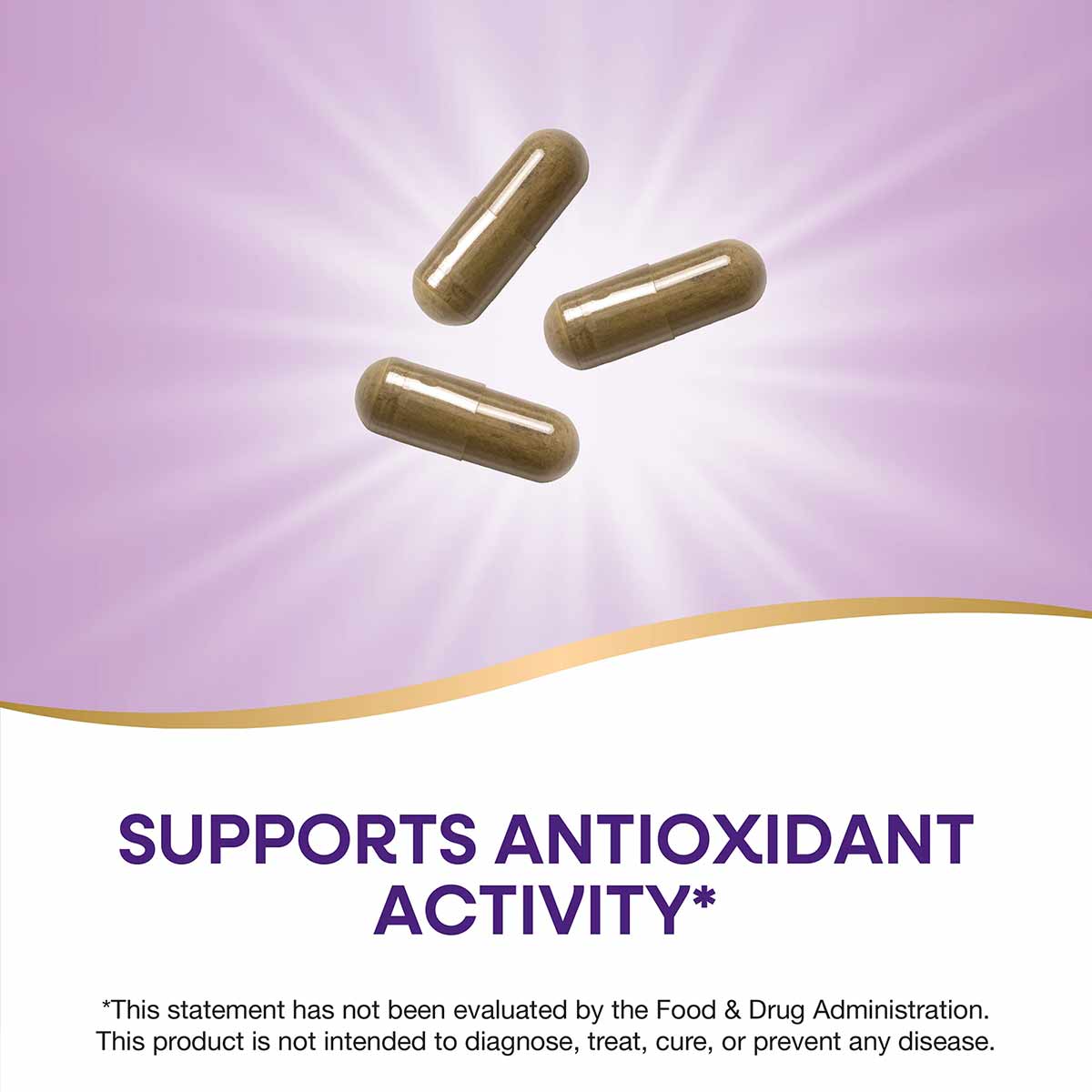 Three olive-colored capsules on purple background with gold wave design at bottom.