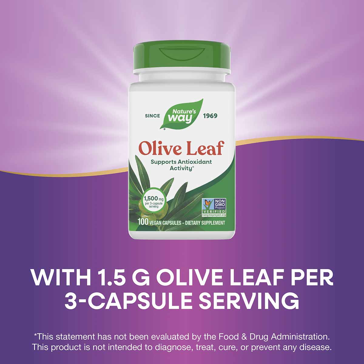Nature's Way Olive Leaf 1500 mg supplement bottle with green cap and white label on purple background.