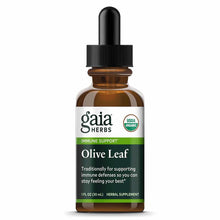 Gaia Herbs Olive Leaf liquid extract in amber glass bottle with dropper and black cap, 1 fl oz.