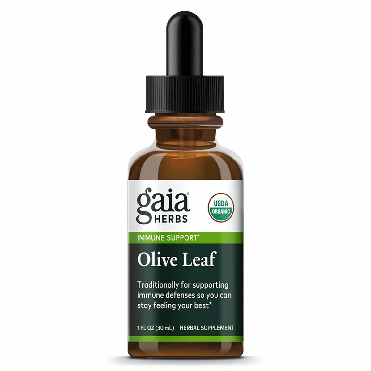 Gaia Herbs Olive Leaf liquid extract in amber glass bottle with dropper and black cap, 1 fl oz.