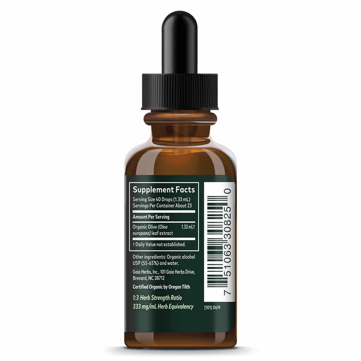 Amber glass dropper bottle of Gaia Herbs organic olive leaf extract with black cap and label showing supplement facts.