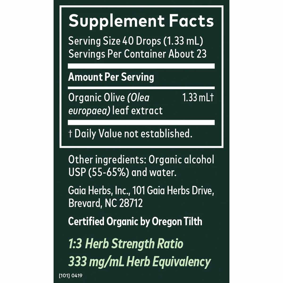 Supplement Facts label for Gaia Herbs Organic Olive Leaf extract showing serving size, ingredients, and certification details