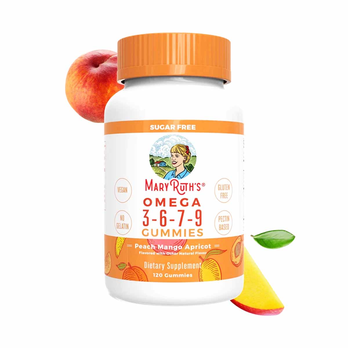 White bottle with orange cap and label reading "MaryRuth's Omega 3-6-7-9 Gummies" surrounded by apple, mango, and apricot.