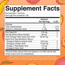 Supplement Facts label showing omega fatty acids from flax seed oil and sea buckthorn berry, 120 servings per container, on p