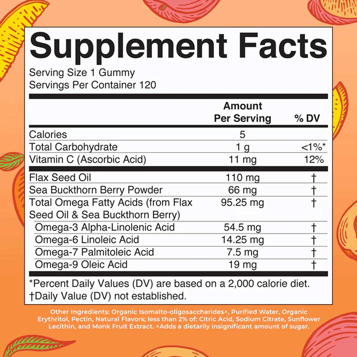 Supplement Facts label showing omega fatty acids from flax seed oil and sea buckthorn berry, 120 servings per container, on p