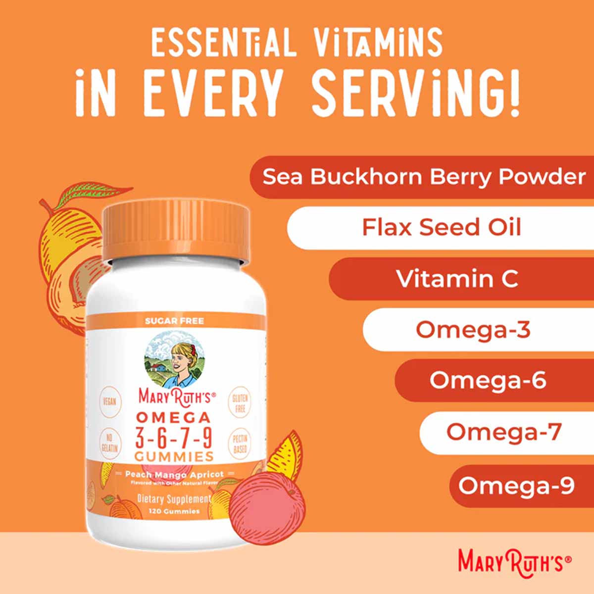 MaryRuth's Omega 3-6-7-9 gummies bottle with peach mango apricot flavor on orange background with ingredient labels.
