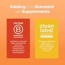 Two certification badges on peach background: red B Corporation certified card and yellow Clean Label Project certified card 