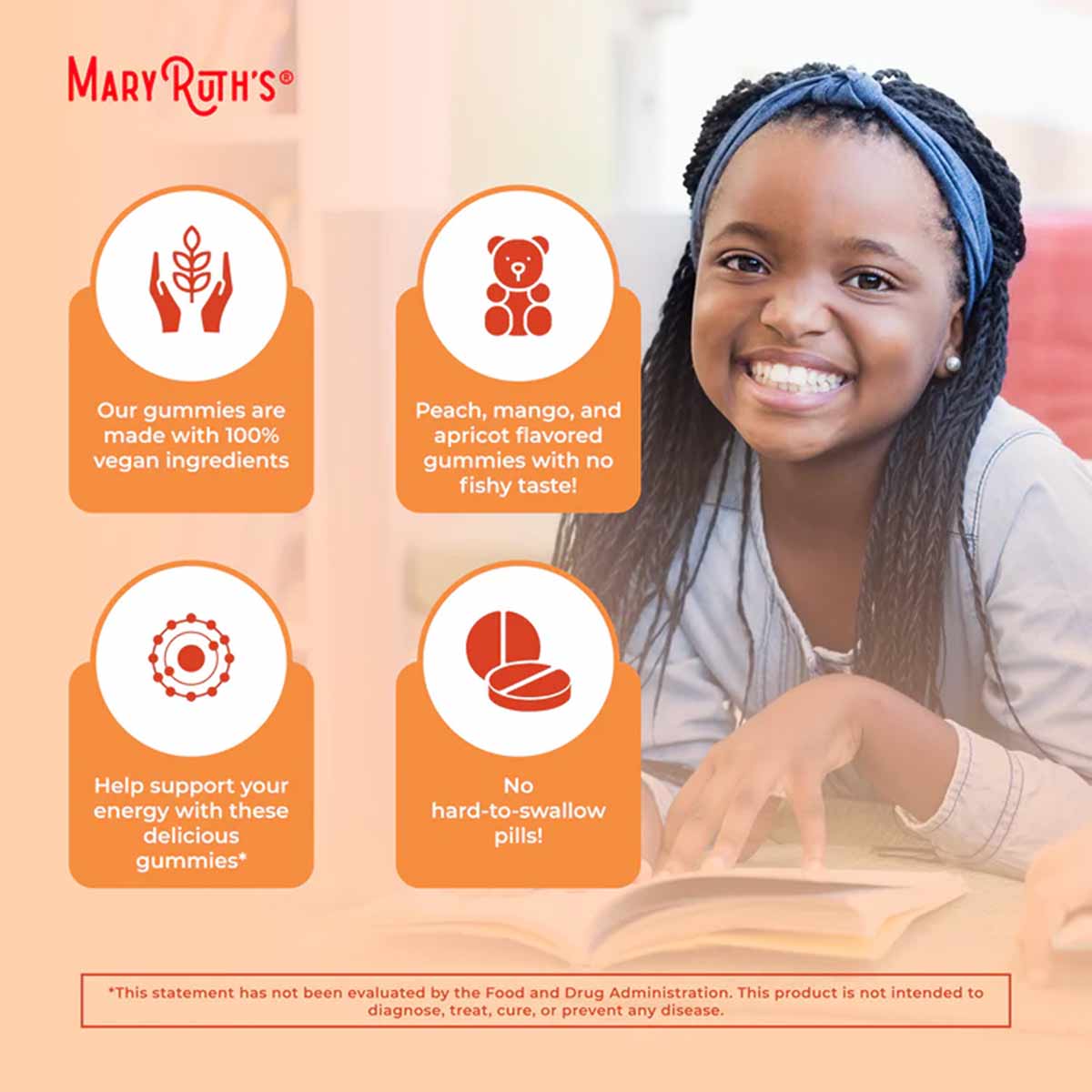 MaryRuth's Organics omega 3-6-7-9 gummy supplement packaging with peach, mango, and apricot flavored vegan gummies displayed 