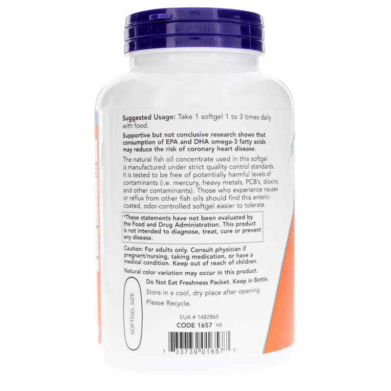 Omega-3 Enteric Coated, 180 Softgels, by NOW Foods, image #3