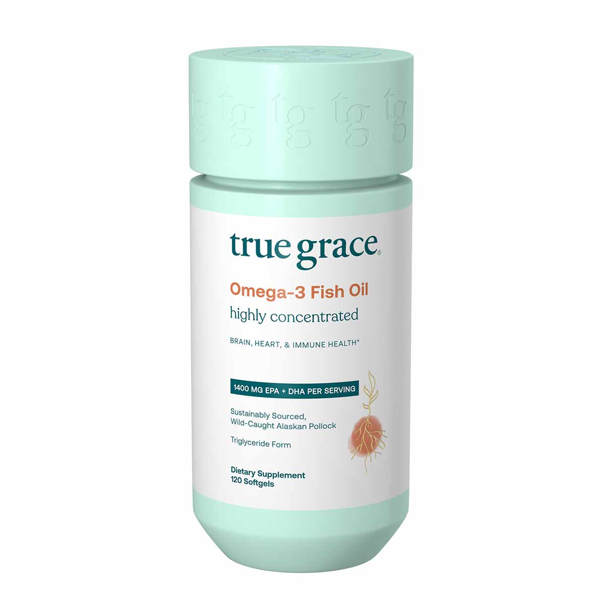True Grace Omega-3 Fish Oil supplement bottle with mint green cap and white label containing 120 softgels.