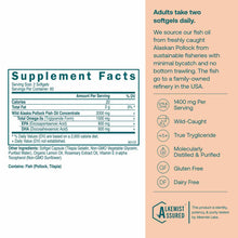 Supplement Facts label and product information for Omega-3 Fish Oil softgels showing serving size, nutrition data, and ingred