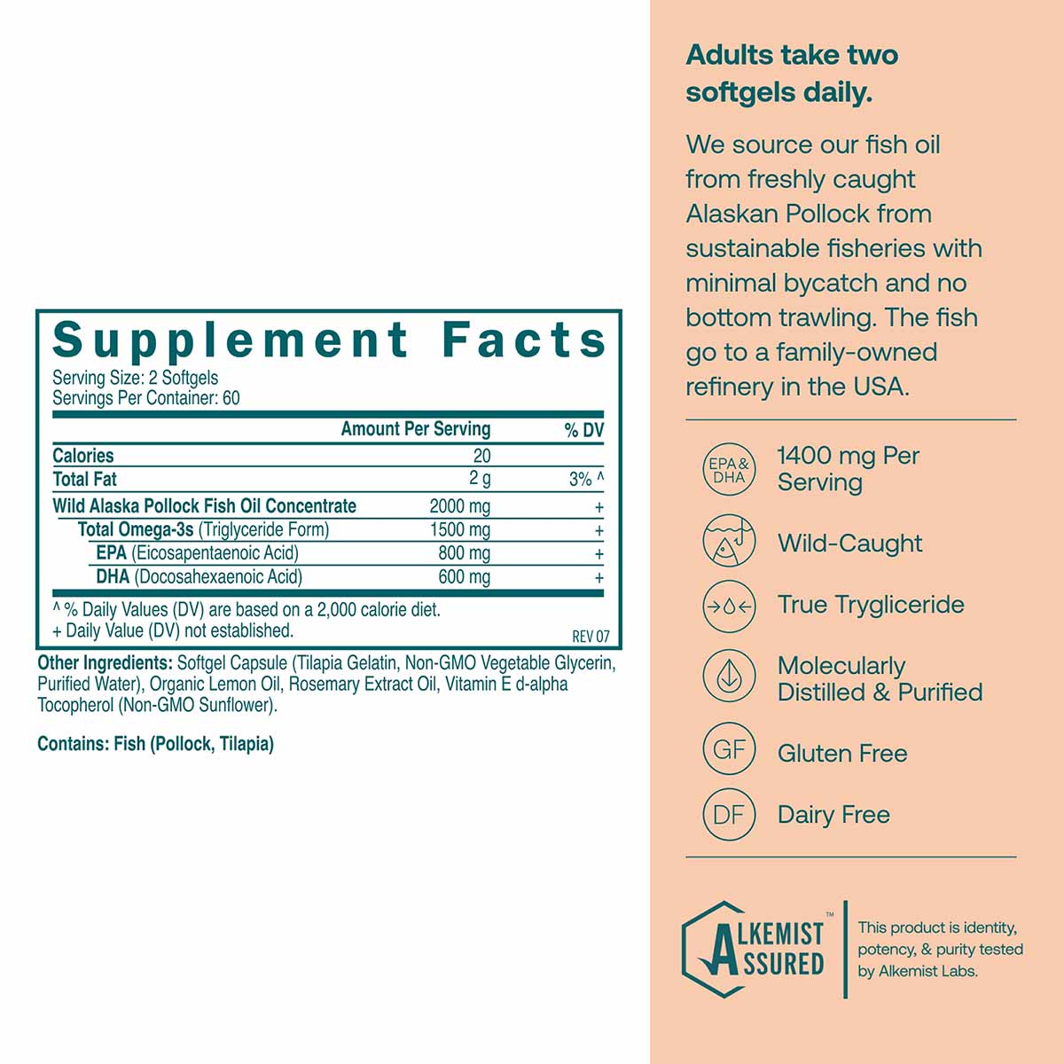 Supplement Facts label and product information for Omega-3 Fish Oil softgels showing serving size, nutrition data, and ingred