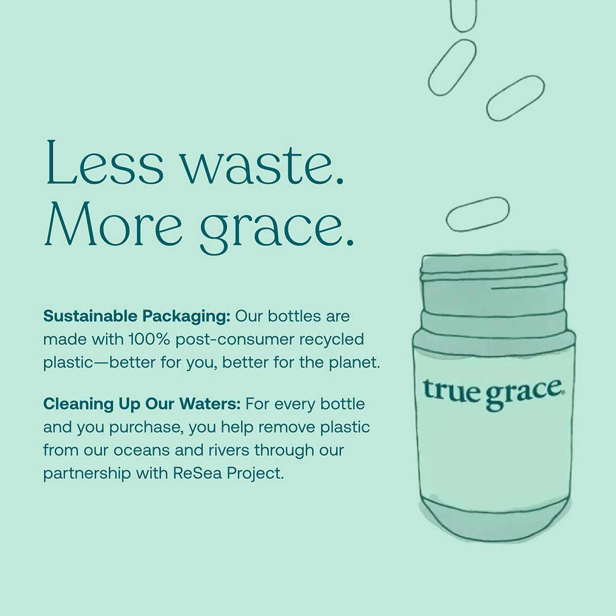 True Grace fish oil bottle with capsules on mint green background with sustainability messaging.