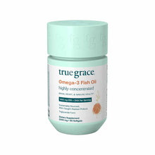 True Grace Omega-3 Fish Oil supplement bottle with mint green cap and label, 60 softgels, 2000mg.