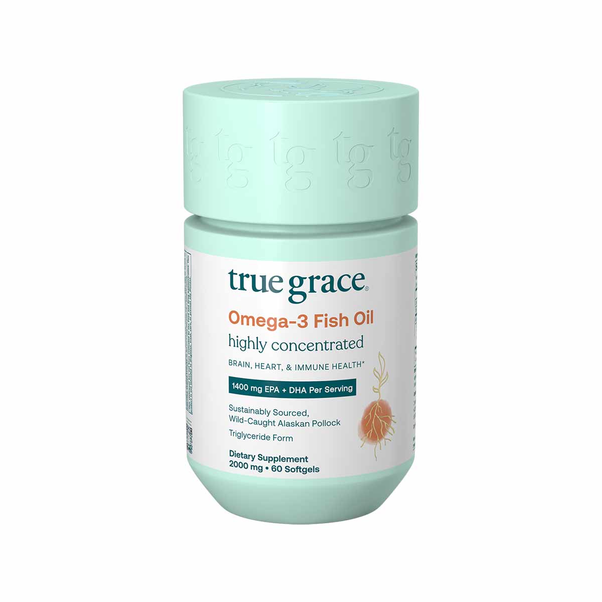 True Grace Omega-3 Fish Oil supplement bottle with mint green cap and label, 60 softgels, 2000mg.