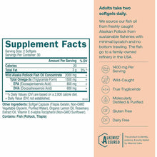 Supplement Facts label for True Grace Omega-3 Fish Oil softgels showing nutrition information and ingredients on peach backgr