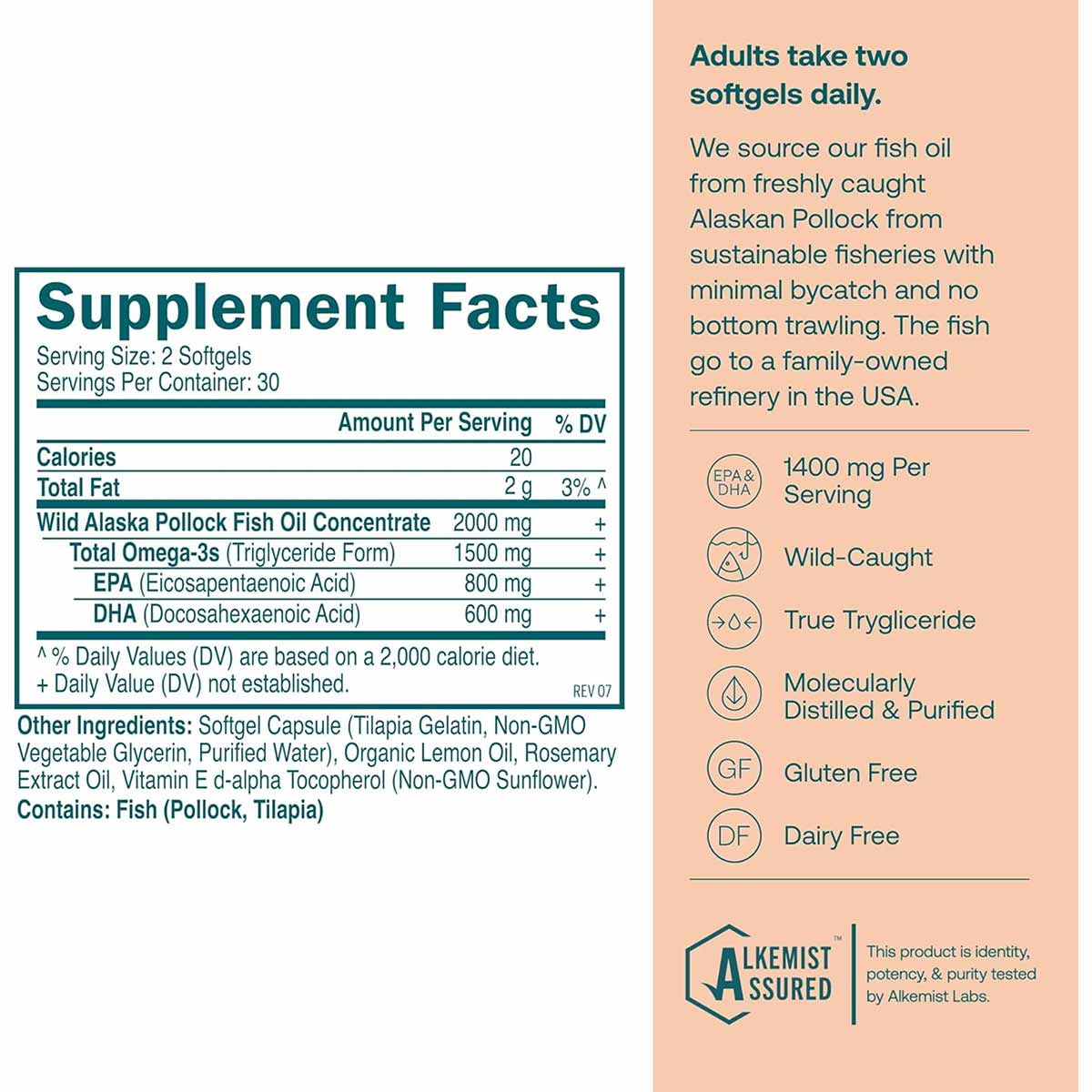Supplement Facts label for True Grace Omega-3 Fish Oil softgels showing nutrition information and ingredients on peach backgr