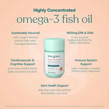True Grace omega-3 fish oil supplement bottle with turquoise cap on peachy background with product information text.