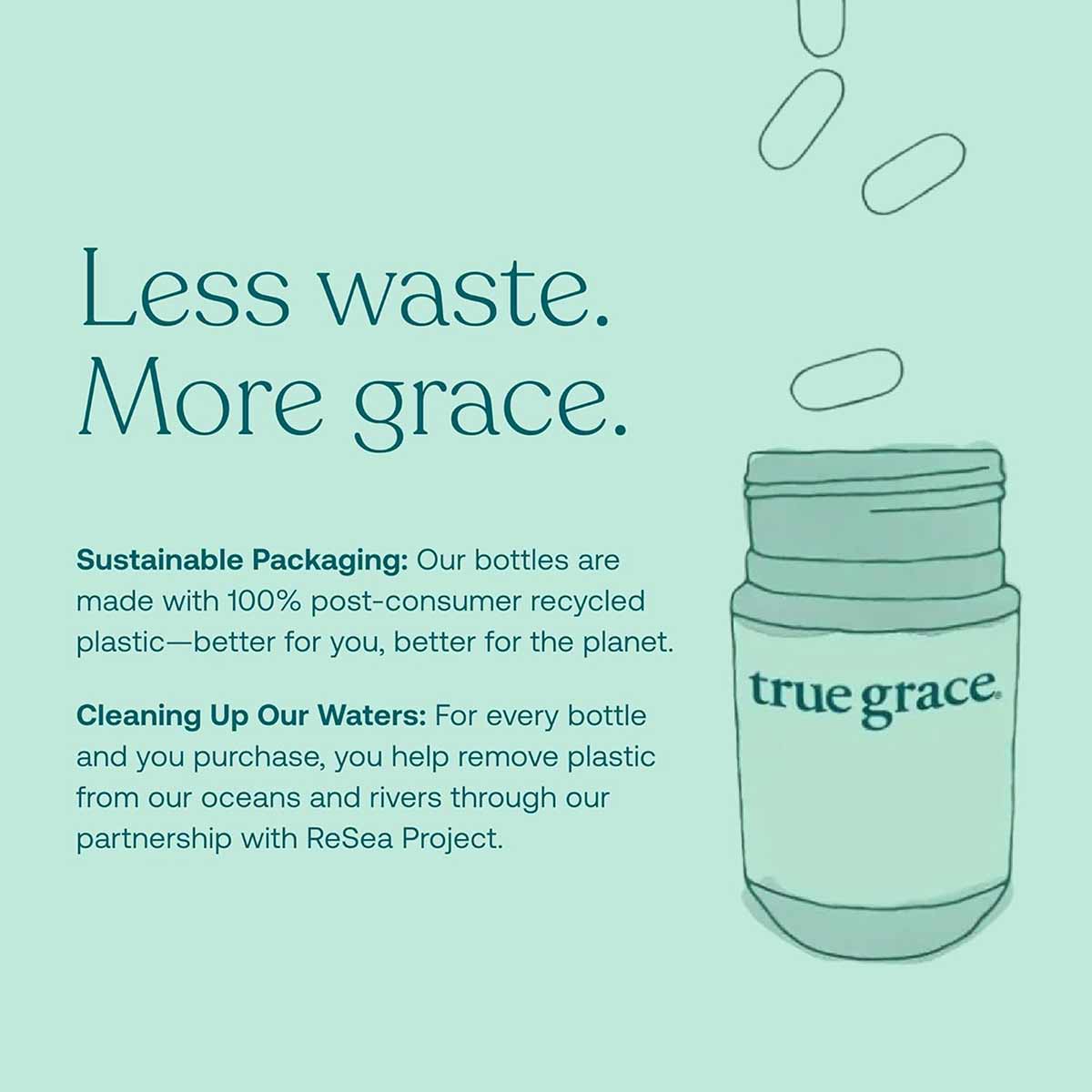 True Grace fish oil supplement bottle made from recycled plastic with capsules on mint green background.