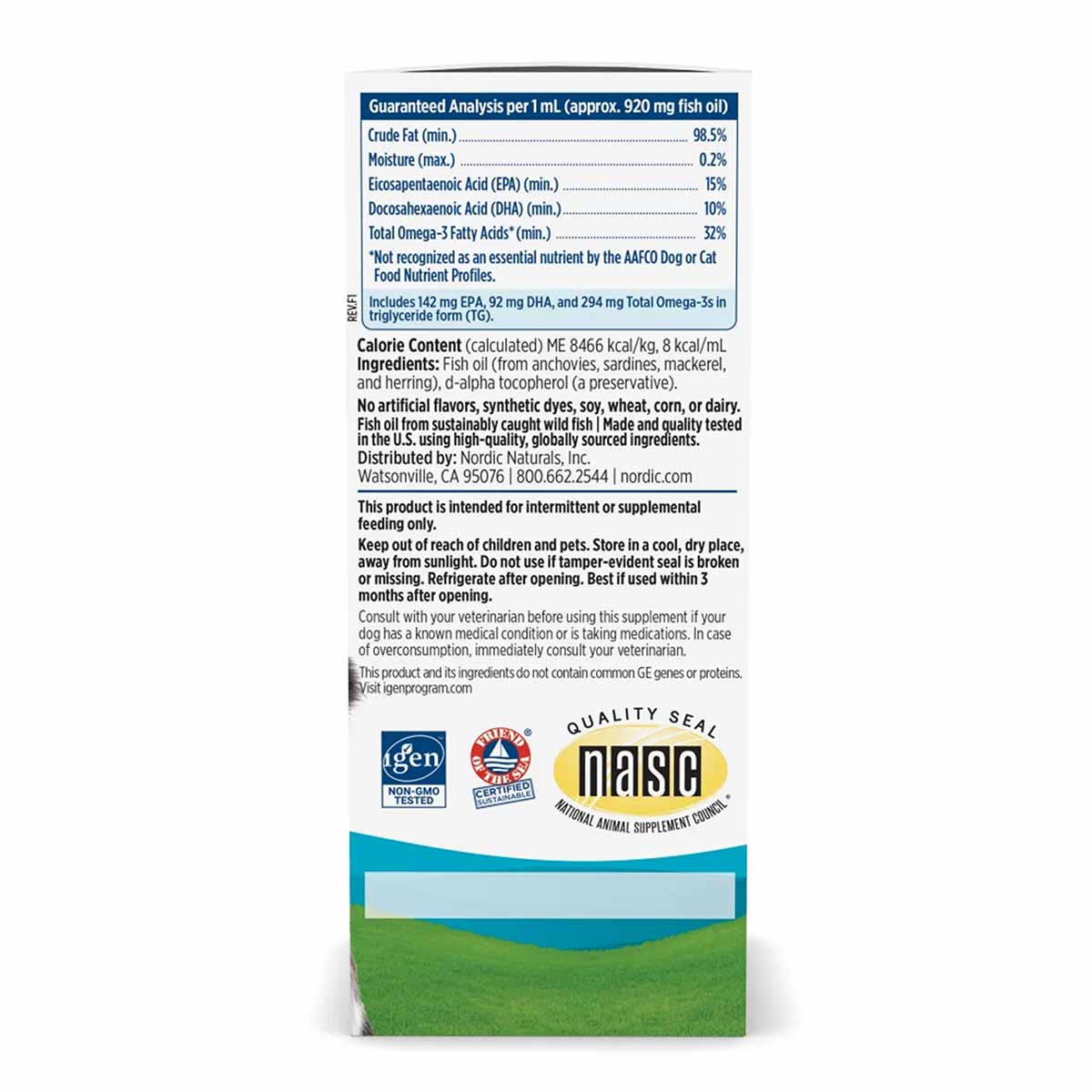Nordic Naturals omega-3 pet liquid supplement bottle with nutrition label, ingredients list, and quality certification seals 