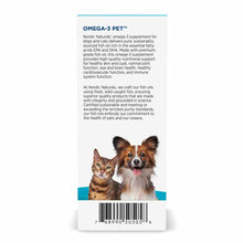 Nordic Naturals Omega-3 Pet liquid supplement bottle with product information and a tabby cat and brown-and-white dog.