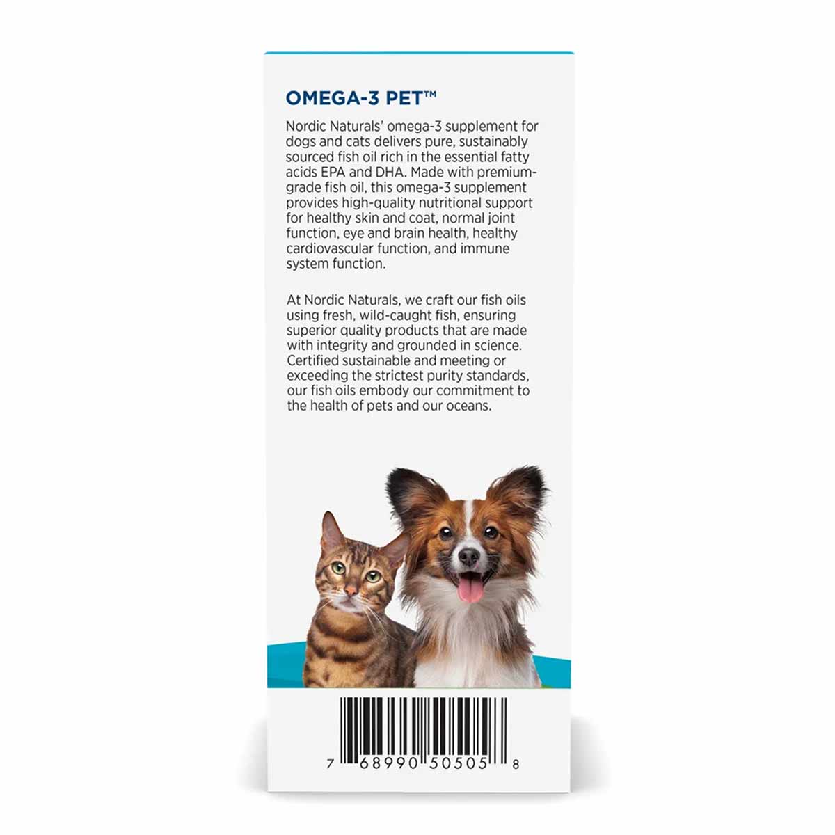 Nordic Naturals Omega-3 Pet liquid supplement bottle with product information and a tabby cat and brown-and-white dog.