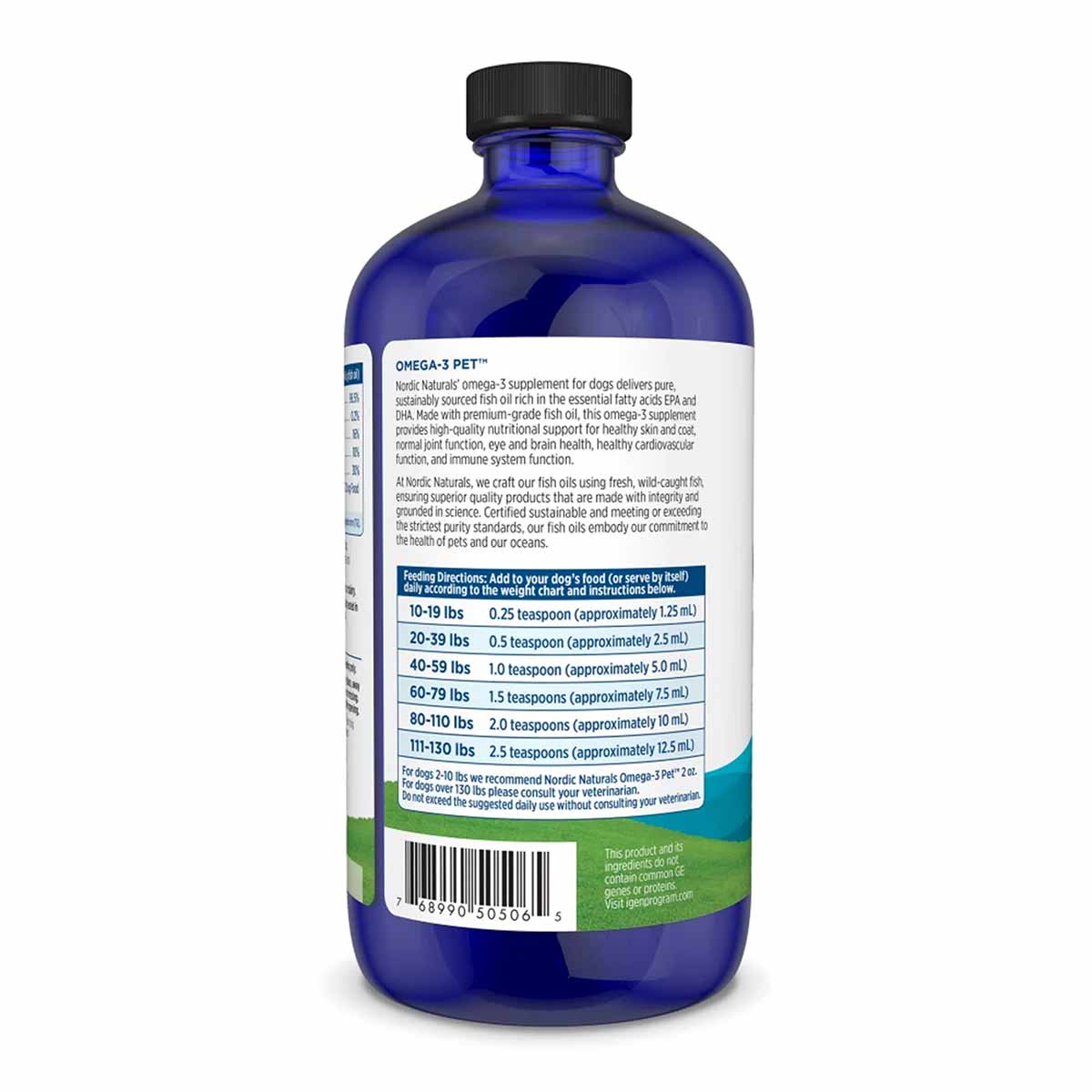 Nordic Naturals Omega-3 Pet liquid supplement in blue glass bottle with black cap and white label showing dosing instructions
