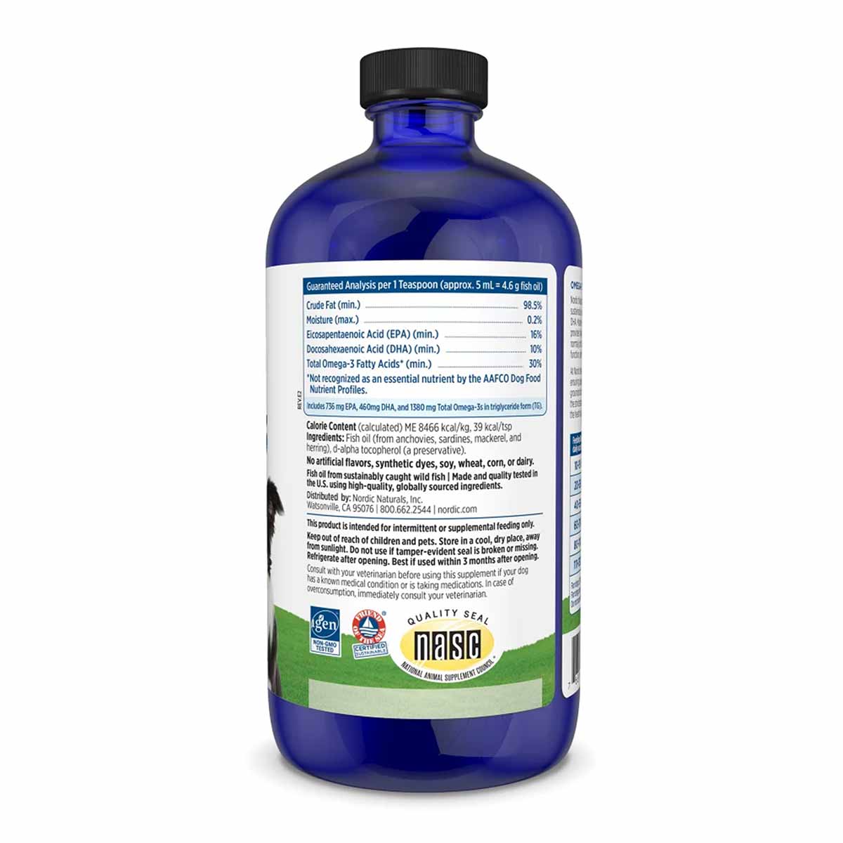 Blue glass bottle of Nordic Naturals Omega-3 Pet Liquid with black cap and white label showing nutritional information.