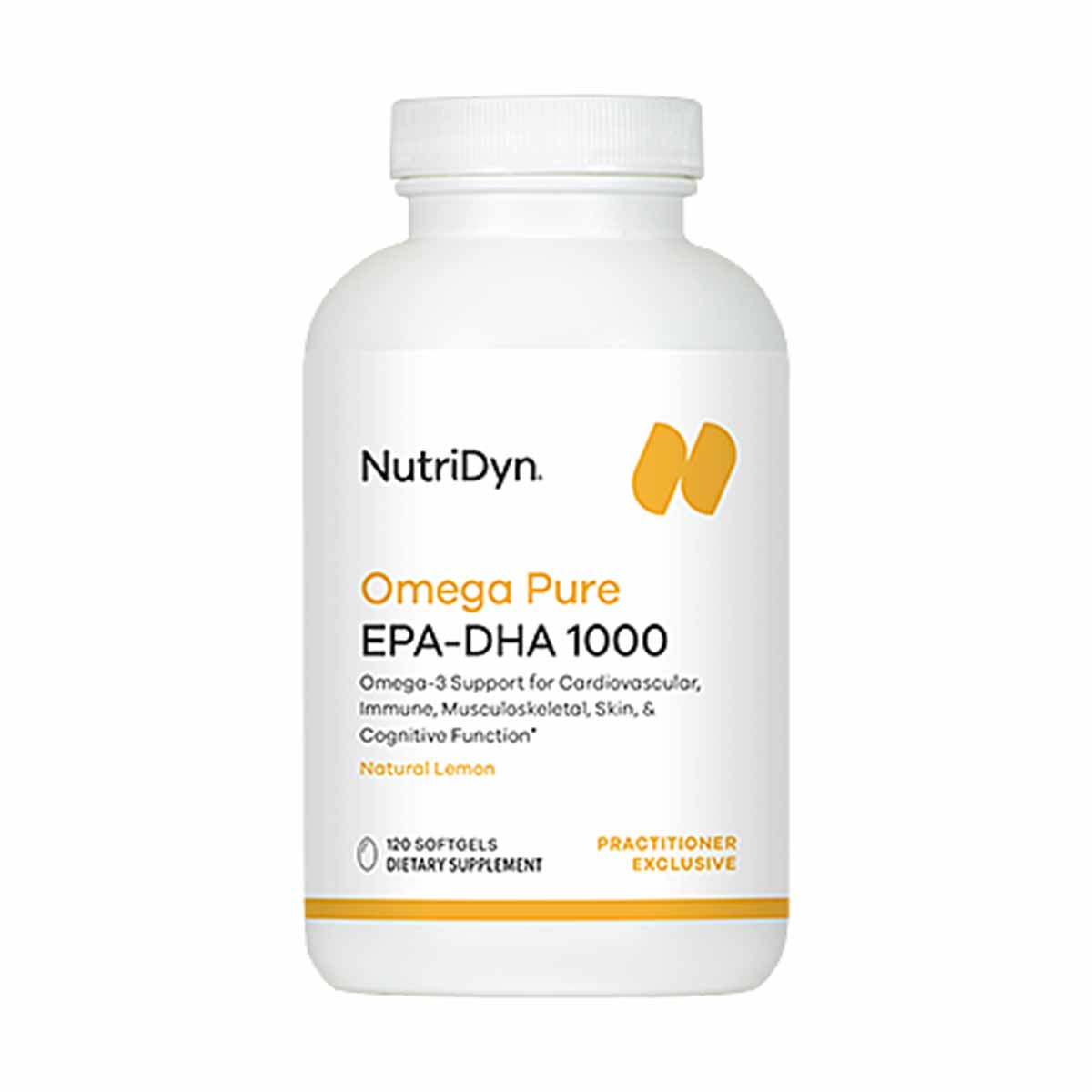 White bottle of NutriDyn Omega Pure EPA-DHA 1000 softgels with orange and black text and gold accent band.