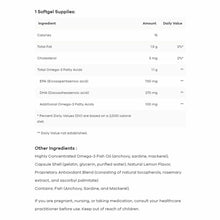 Nutrition label for Omega Pure EPA-DHA 1000 softgels showing per-softgel amounts of EPA, DHA, and omega-3 fatty acids.