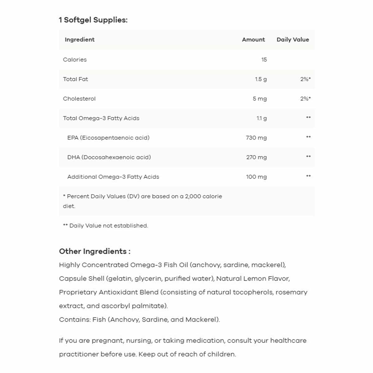 Nutrition label for Omega Pure EPA-DHA 1000 softgels showing per-softgel amounts of EPA, DHA, and omega-3 fatty acids.
