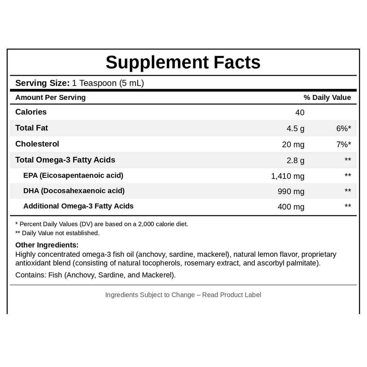 Supplement Facts label for Omega Pure EPA-DHA 2400 showing serving size, omega-3 fatty acid content, and ingredient informati