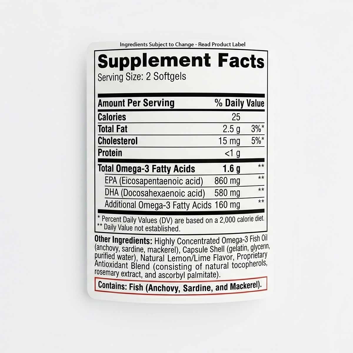 Supplement Facts label for Omega Pure EPA-DHA 720 softgel capsules showing nutritional information and ingredients.