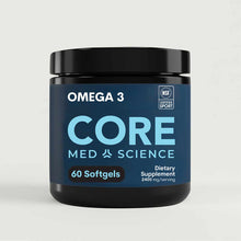 Black container of Core Med Science Omega-3 softgels with blue label showing 60 softgels and NSF Certified Sport badge.
