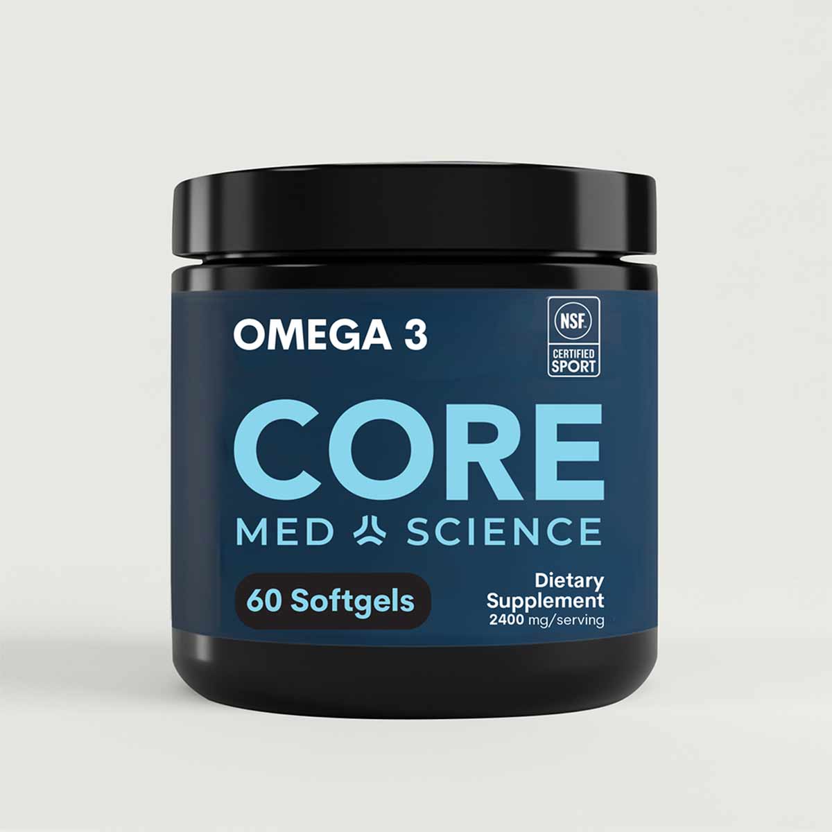 Black container of Core Med Science Omega-3 softgels with blue label showing 60 softgels and NSF Certified Sport badge.