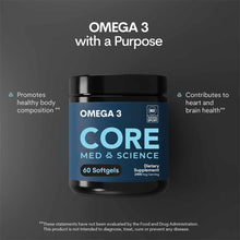 Core Med Science Omega-3 softgels bottle containing 60 softgels with black cap on dark background.