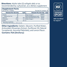 Omega-3 softgel supplement nutrition label and directions with NSF Certified for Sport badge.