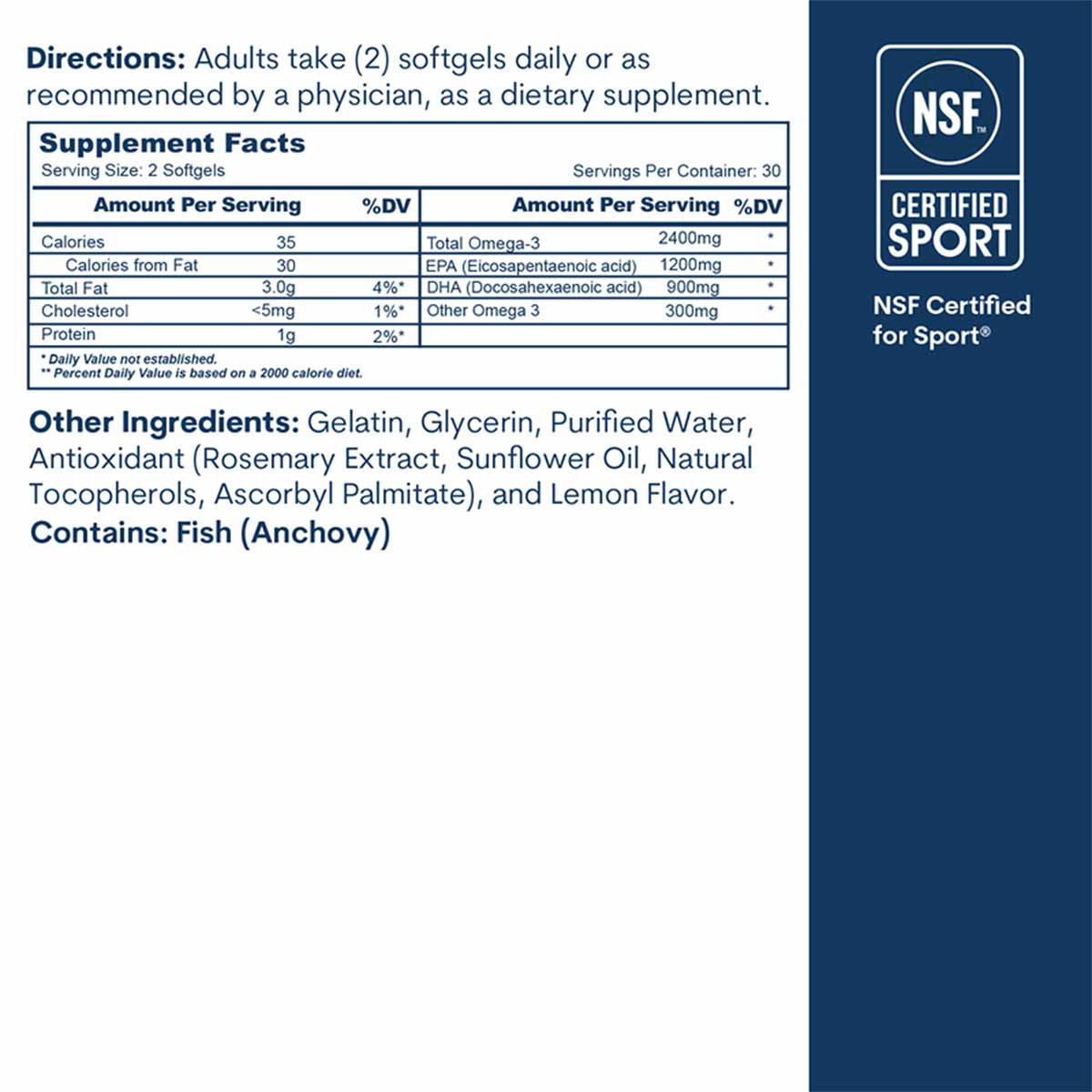 Omega-3 softgel supplement nutrition label and directions with NSF Certified for Sport badge.