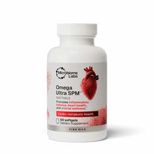A white supplement bottle with a gray label shows a red heart graphic and text reading Omega Ultra SPM softgels.