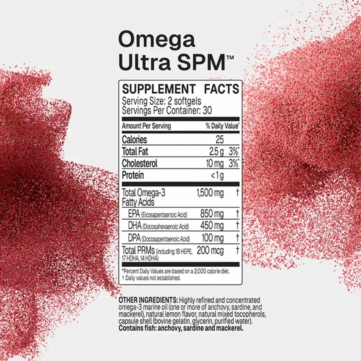 Supplement facts panel for Omega Ultra SPM listing serving size, omega-3 amounts, and ingredients, set between two red powder splashes on white.