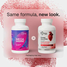 Two white supplement bottles, an older purple MegaMarine label and a new red Omega Ultra SPM label, sit side by side with an arrow between them.