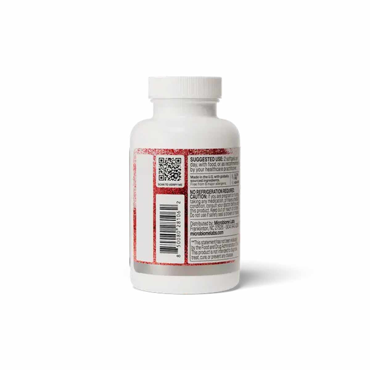 A white supplement bottle with a white cap, turned to show a red-speckled label with a QR code, barcode, and usage text.