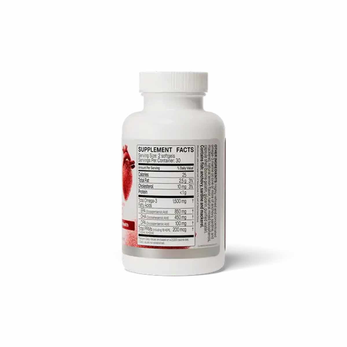 A white supplement bottle with a white cap, turned to show the Supplement Facts panel and part of a red heart graphic.