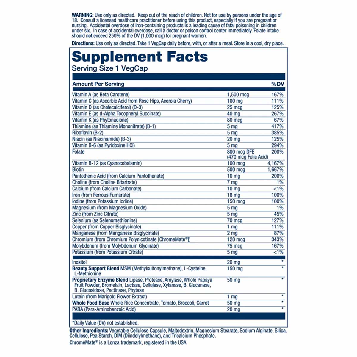 Supplement Facts label for Solaray Once Daily Woman Multivitamin showing serving size, ingredients, and daily values per VegC