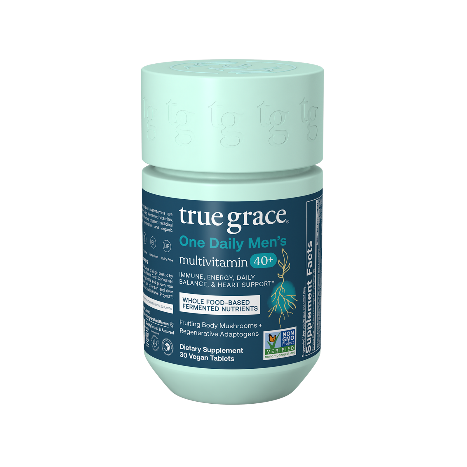 True Grace One Daily Men's 40+ multivitamin bottle with light green cap and dark label, 30 vegan tablets.