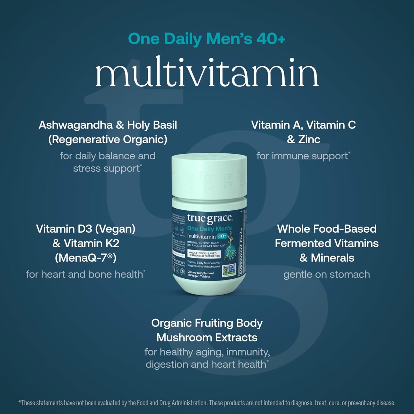 White bottle of True Grace One Daily Men's 40+ multivitamin tablets with ingredient callouts on teal background.