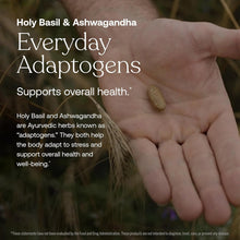Open palm holding a single tan supplement capsule with text about Holy Basil and Ashwagandha adaptogens.