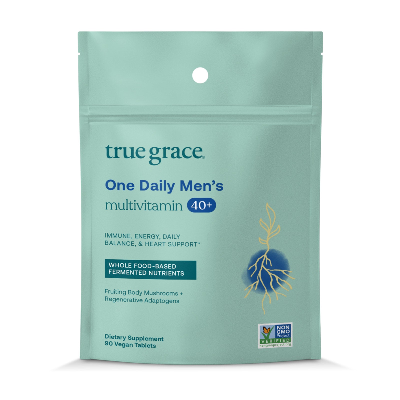 Green pouch of True Grace One Daily Men's 40+ multivitamin with 90 vegan tablets and Non-GMO Verified seal.